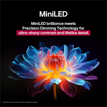 Flor holográfica en 3D con diferentes sombras y tonos sobre fondo negro. La definición y el detalle de la flor resaltan la capacidad del MiniLED de QNED de producir imágenes con color, brillo y contraste excepcionales. El título habla de cómo MiniLED mejora la claridad y proporciona un contraste excepcional.