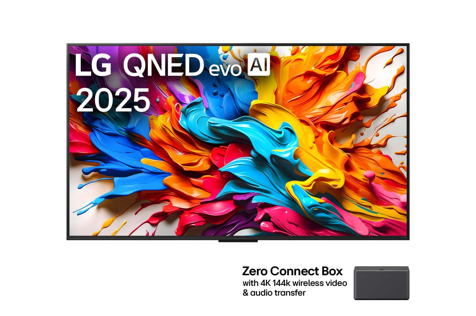 Front view of LG QNED evo AI QNED9M TV. LG QNED evo AI Logo on the. op corner. LG QNED evo TV depicts colorful paintike textures coming together. Zero Connect Box in the corner with the title, Zero Connect Box with 4K 144Hz wireless video & audio transfer.