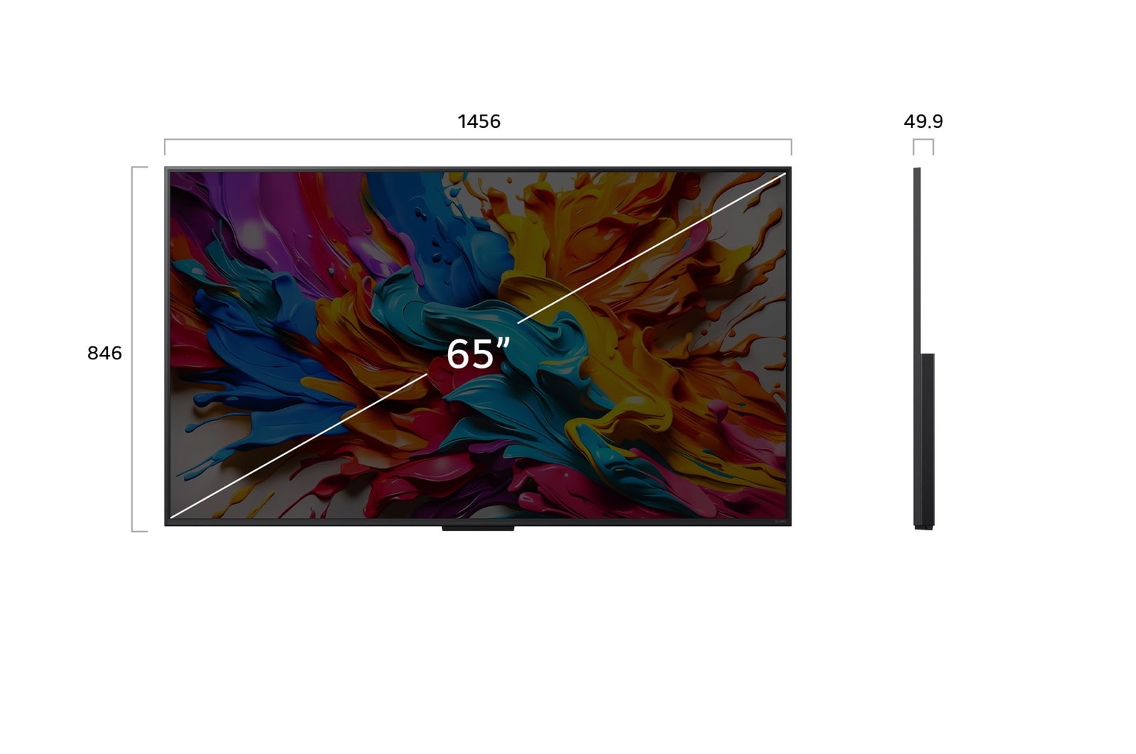 Front view and side view of LG QNED evo AI QNED9M 4K Smart TV showing its length, width, height, and depth dimensions.