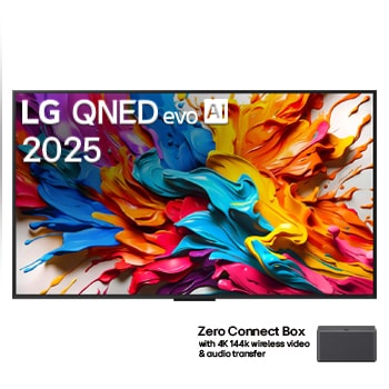 Front view of LG QNED evo AI QNED9M TV. LG QNED evo AI Logo on the. op corner. LG QNED evo TV depicts colorful paintike textures coming together. Zero Connect Box in the corner with the title, Zero Connect Box with 4K 144Hz wireless video & audio transfer.