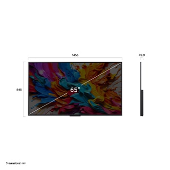 Front view and side view of LG QNED evo AI QNED9M 4K Smart TV showing its length, width, height, and depth dimensions.