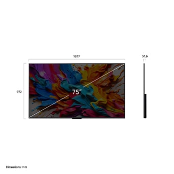 Front view and side view of LG QNED evo AI QNED9M 4K Smart TV showing its length, width, height, and depth dimensions.