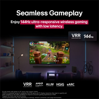 A dimly lit living room with a game screen depicted on the QNED9M. Zero Connect Box sits inside a coffee table. Text talks about 144Hz ultra-responsive wireless gaming with low latency.