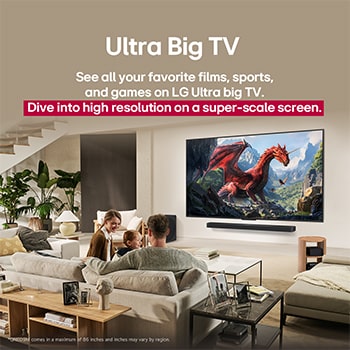 A family sits on a couch facing a LG QNED TV mounted on a wall above a LG Soundbar with a little girl pointing to a screen depicting two dolphins. The title talks about how every action is more thrilling on a massive screen.