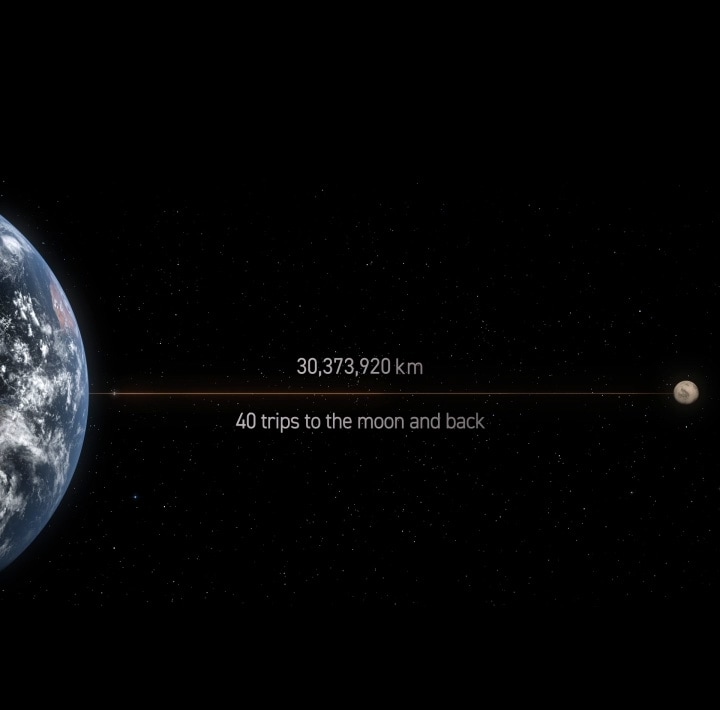 A la izquierda, la imagen muestra las bobinas del motor inverter DD conectadas desde la Tierra a la Luna, con una longitud de 30,373,920?km, lo suficiente para 40?viajes de ida y vuelta. En el centro, se muestran las bobinas enrolladas alrededor del motor inverter DD. A la derecha, el procesador AI Core-Tech se conecta a un panel electrónico, con una luz púrpura que se extiende hacia el exterior.