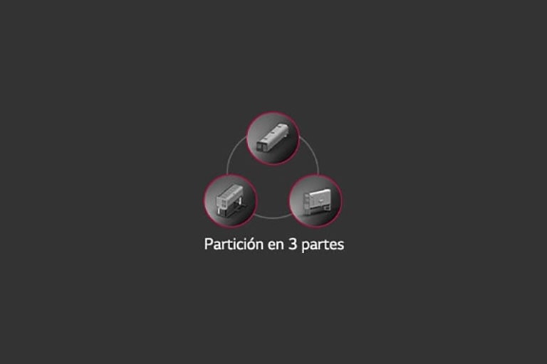 Tres círculos peque?os están dispuestos en un patrón triangular en el contorno de un círculo más grande. Cada círculo peque?o presenta una partición de 3 partes en su centro.