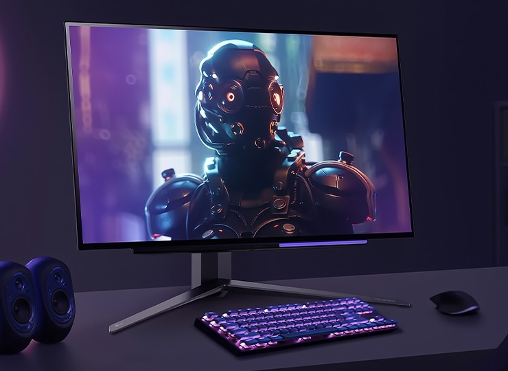 Monitor LG en un escritorio mostrando un juego de fantasía, con bocinas al lado.