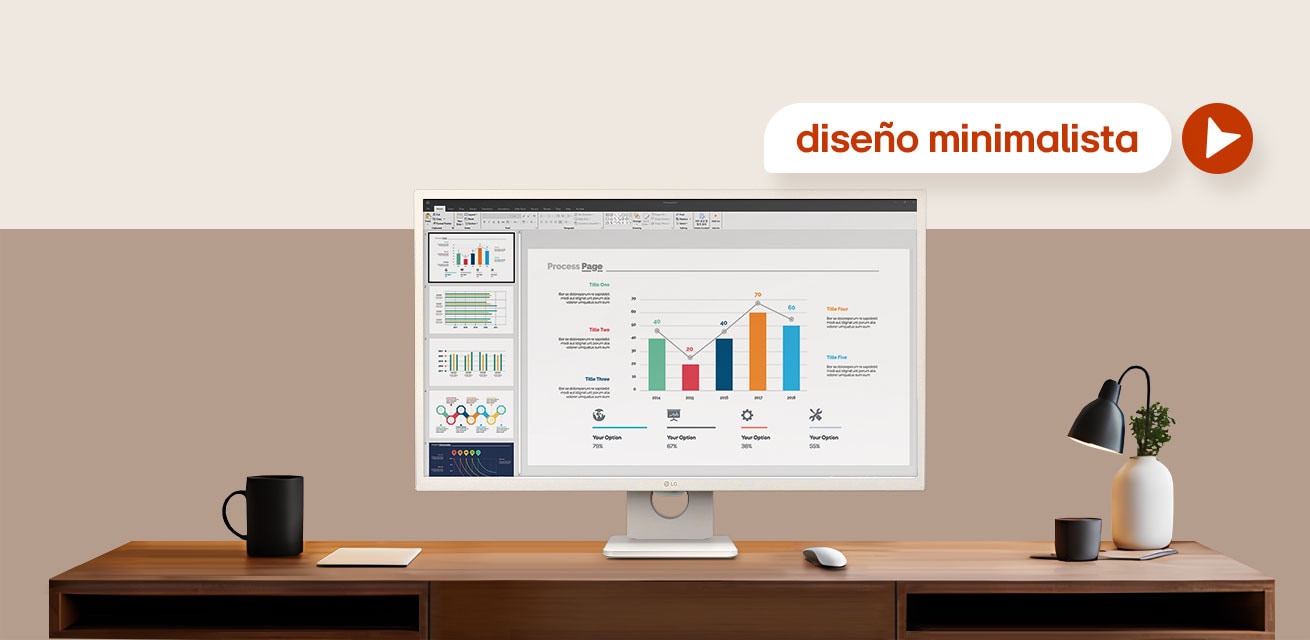 Um espa?o de trabalho com o Monitor LG MyView Smart exibindo gráficos e análises de dados para um ambiente produtivo.