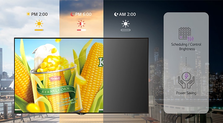 Utilizando LG SuperSign CMS, el brillo de la se?alización puede ajustarse según las condiciones de iluminación externa para optimizar el consumo de energía. La función de programación se usa para ajustar el brillo, manteniendo el brillo máximo a las 2?p.?m. y reduciéndolo gradualmente a medida que oscurece hasta las 6?p.?m. La imagen también ilustra que la energía puede apagarse a las 2?a.?m.