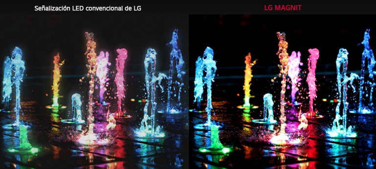 Fuente de piso con diferentes colores para mostrar la diferencia entre la se?alización LED convencional de LG y MAGNIT en cuanto a la relación de contraste y la claridad
