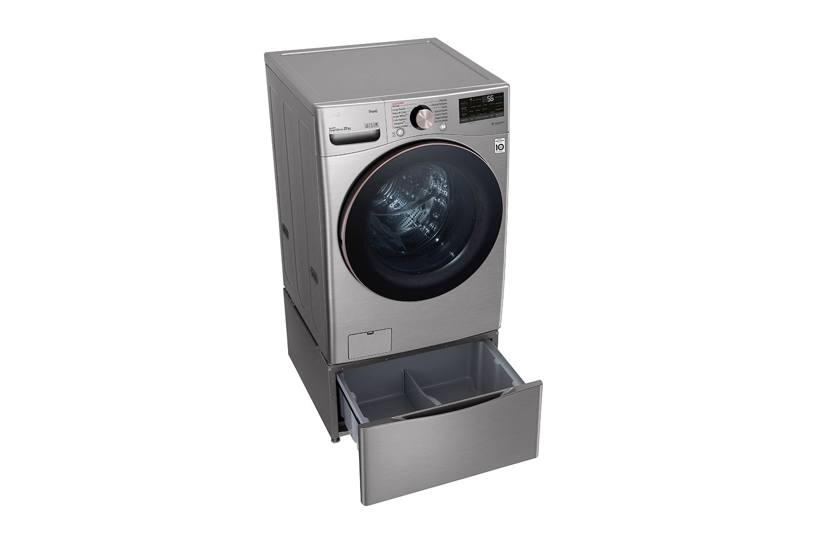 LG Lavadora LG Carga Frontal Inteligente con Pedestal, con AI DD? (Inteligencia Artificial) con TurboWash  y conectividad ThinQ, capacidad 22 Kg– Color Plata, WM22VV2S6GR.WDP4V