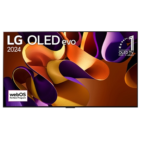 Vista frontal con la televisión LG OLED evo AI, la OLED G4, el emblema de 11?a?os siendo el número?1 mundial de OLED y el logotipo del programa webOS Re:New en la pantalla