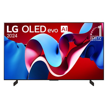 Una vista frontal del televisor LG OLED evo C4 OLED42C4PSA, con el "emblema de 11 a?os como la marca número 1 del mundo en OLED" mostrado en la pantalla.