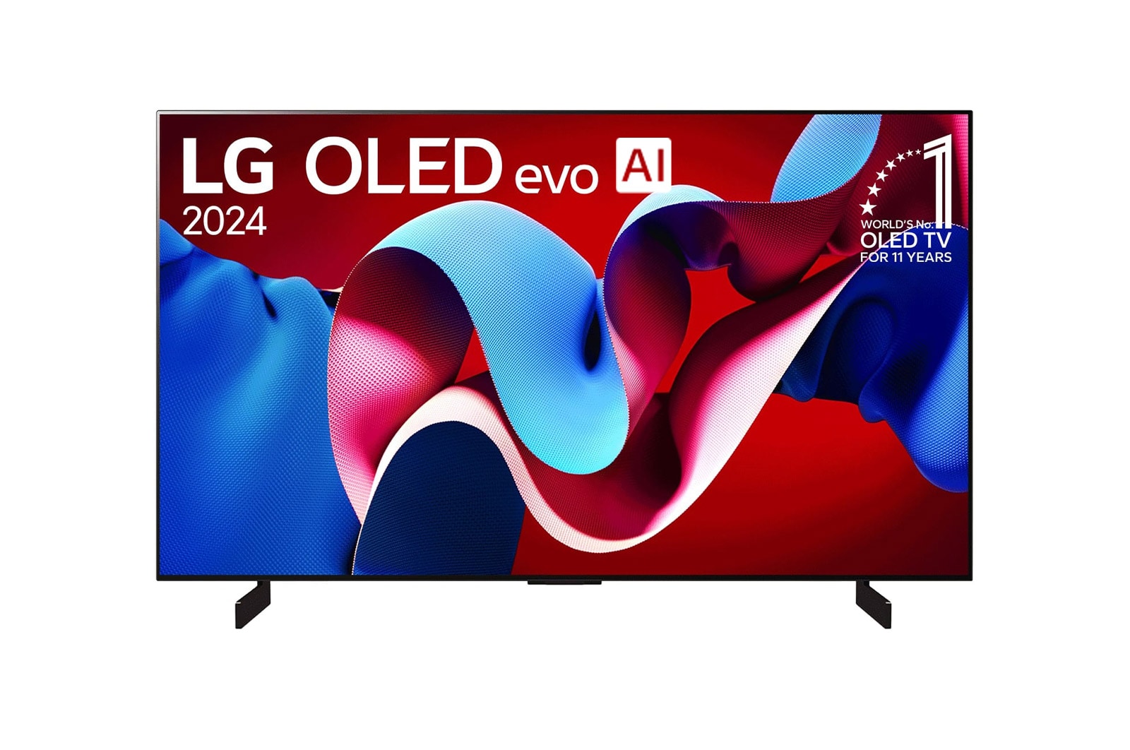 Una vista frontal del televisor LG OLED evo C4 OLED42C4PSA, con el "emblema de 11 a?os como la marca número 1 del mundo en OLED" mostrado en la pantalla.