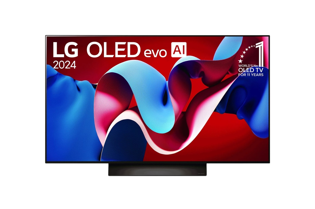 Una vista frontal del televisor LG OLED evo C4 OLED48C4PSA, con el "emblema de 11 a?os como la marca número 1 del mundo en OLED" mostrado en la pantalla.