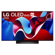 Una vista frontal del televisor LG OLED evo C4 OLED48C4PSA, con el "emblema de 11 a?os como la marca número 1 del mundo en OLED" mostrado en la pantalla.
