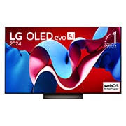 Una vista frontal del televisor LG OLED evo C4 OLED55C4PSA, con el "emblema de 11 a?os como la marca número 1 del mundo en OLED" mostrado en la pantalla.
