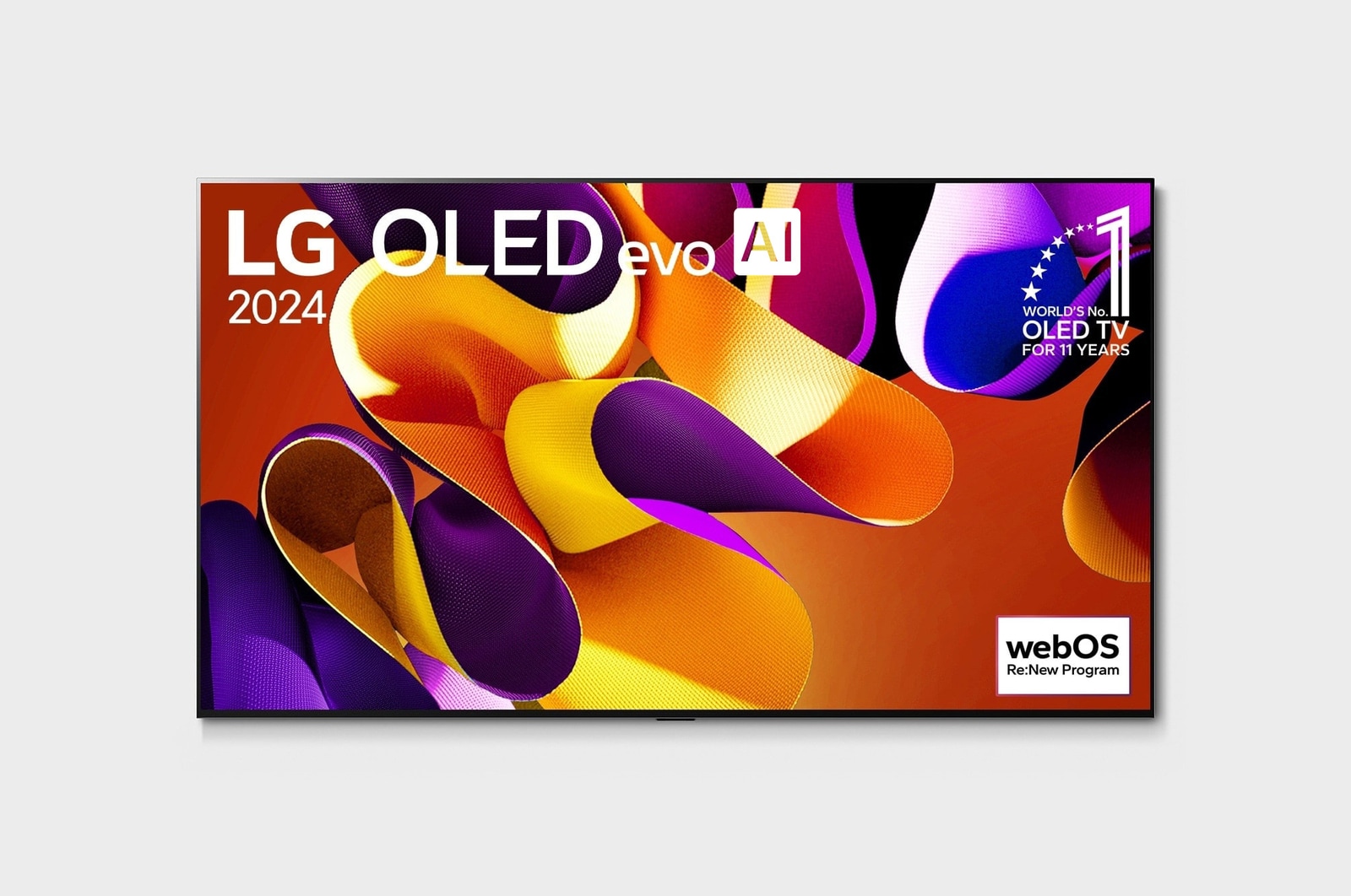 Vista frontal con la televisión LG OLED evo AI, la OLED G4, el emblema de 11?a?os siendo el número?1 mundial de OLED y el logotipo del programa webOS Re:New en la pantalla