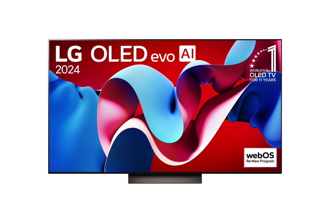 Una vista frontal del televisor LG OLED evo C4 OLED65C4PSA, con el "emblema de 11 a?os como la marca número 1 del mundo en OLED" mostrado en la pantalla.
