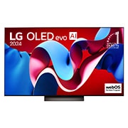 Una vista frontal del televisor LG OLED evo C4 OLED77C4PSA, con el "emblema de 11 a?os como la marca número 1 del mundo en OLED" mostrado en la pantalla.