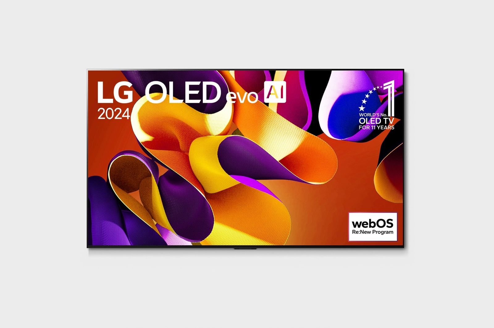 Vista frontal con la televisión LG OLED evo AI, la OLED G4, el emblema de 11?a?os siendo el número?1 mundial de OLED y el logotipo del programa webOS Re:New en la pantalla
