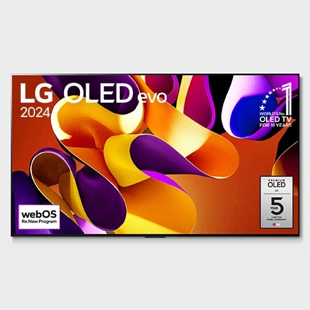 Vista frontal con la televisión LG OLED evo AI, la OLED G4, el emblema de 11?a?os siendo el número?1 mundial de OLED y el logotipo del programa webOS Re:New en la pantalla