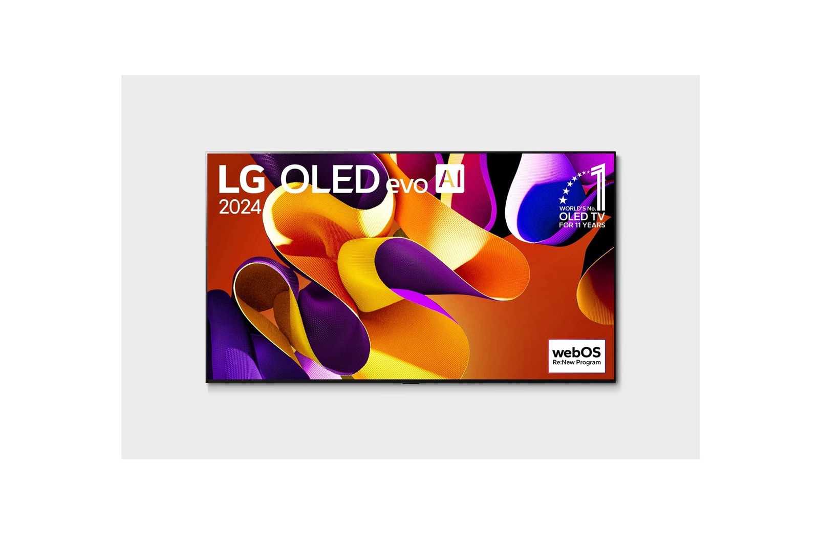 Vista frontal con la televisión LG OLED evo AI, la OLED G4, el emblema de 11?a?os siendo el número?1 mundial de OLED y el logotipo del programa webOS Re:New en la pantalla
