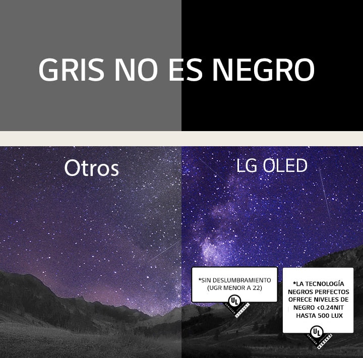 La Vía Láctea cubre el cielo nocturno sobre la escena de un ca?ón. Encima de la imagen se lee “El gris no es negro” en mayúsculas blancas sobre fondo negro. La pantalla se divide en dos lados y está marcada como “Otros” y “LG OLED”. El otro lado es notablemente más apagado y de menor contraste, mientras que el lado LG OLED es brillante y de alto contraste. El lado LG OLED también incluye la certificación Sin resplandores incómodos.