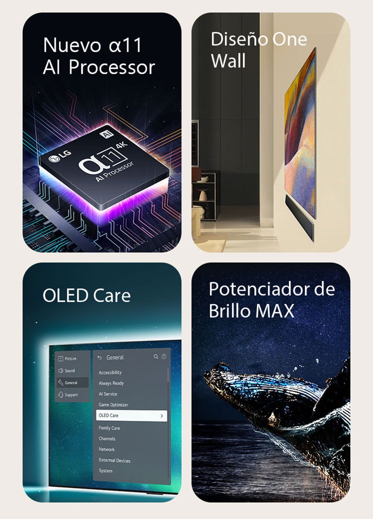 Una imagen del procesadorAlpha 11 AI 4K encima de una placa base, emitiendo rayos de luz morado y rosa. Una vista lateral del dise?o One Wall de LG OLED G4 y LG Soundbar apoyado contra la pared en un espacio habitable moderno. Se selecciona una imagen del televisor OLED con el menú OLED Care en el menú de soporte que se encuentra arriba en la pantalla. Una imagen que muestra Potenciador de Brillo MAX con una ballena saltando fuera del agua ante un cielo nocturno estrellado.