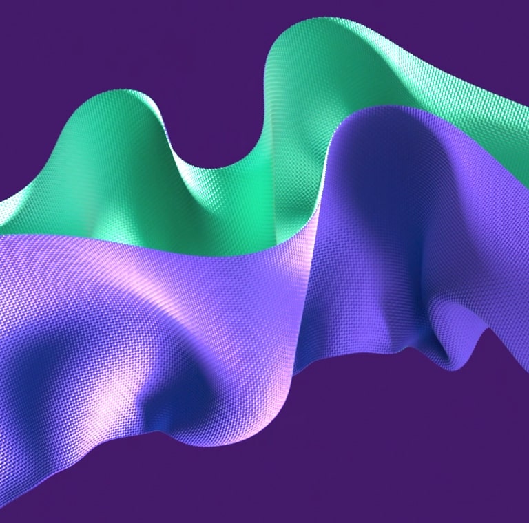 LG SIGNATURE OLED M4 muestra obras de arte abstractas de color morado y menta en la pantalla, luego el televisor retrocede y gira en un ángulo de 45 grados, revelando una Zero Connect Box frente al televisor en un soporte en un espacio oscuro. Aparece una se?al de Wi-Fi roja y se emite un rayo rojo hacia el televisor.