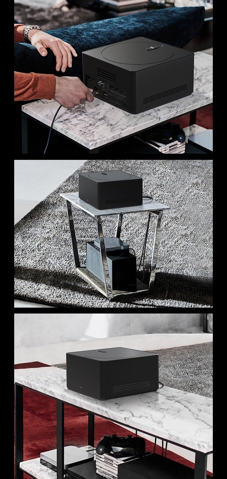 Tres imágenes muestran una Zero Connect Box. El primero muestra un cable conectado a la Zero Connect Box. El segundo muestra una Zero Connect Box encima de una peque?a mesa con dispositivos debajo. El tercero muestra una Zero Connect Box encima de una mesa grande con dispositivos y consolas debajo.