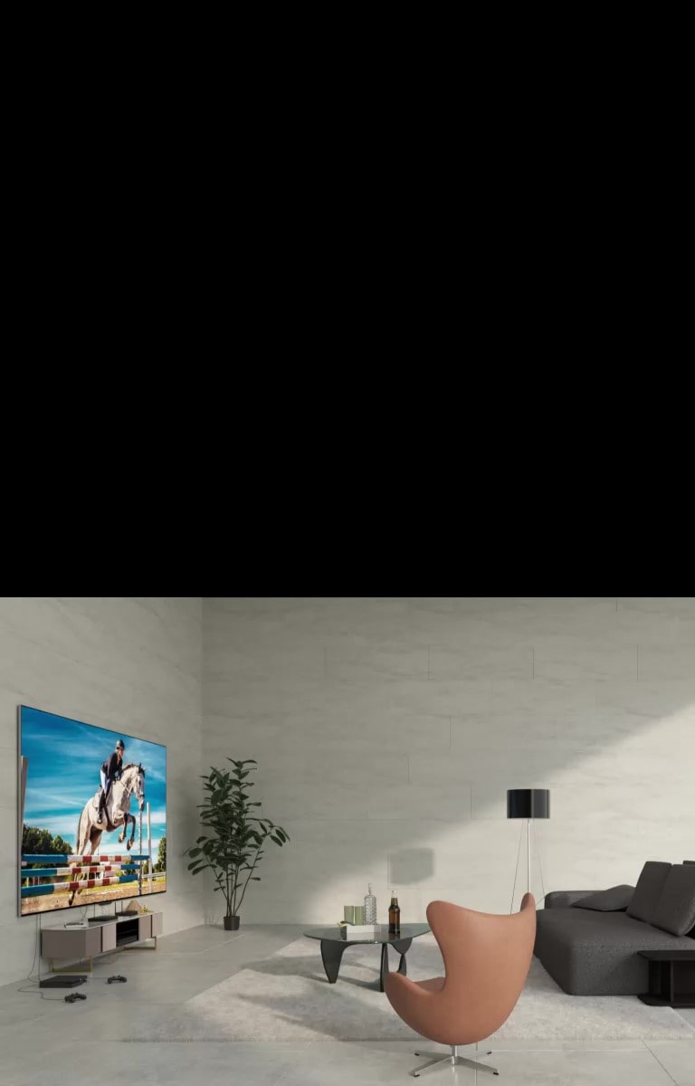 LG SIGNATURE OLED M4 montado en una pared y dispositivos conectados al televisor mediante cables desordenados debajo. Una línea gráfica blanca cruza la imagen, los dispositivos se desvanecen y aparece una Zero Conenct Box sobre una peque?a mesa. La imagen se oscurece brevemente y solo se resaltan el televisor y la Zero Connect Box. Todo se desvanece, luego el televisor y Zero Connect Box reaparecen resaltados en diferentes ubicaciones, esta vez el LG SIGNATURE OLED M4 sobre un soporte. La imagen vuelve a iluminarse. La imagen se oscurece una vez más y cuando se ilumina, el televisor está montado en una pared diferente.