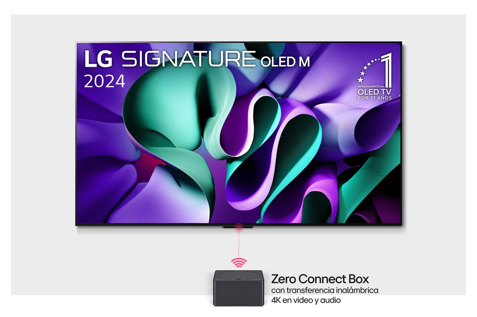 Vista frontal con el televisor LG OLED evo M4 SIGNATURE OLED97M4PSA en un soporte, emblema de 11 a?os como la marca número 1 del mundo en OLED, logo del programa webOS Re:New, y una caja Zero Connect con transferencia de video y audio 4K inalámbrica conectada a un televisor, y una se?al Wi-Fi saliendo de la caja.