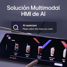 Un usuario interactúa con una pantalla táctil equipada con la solución multimodal HMI AI, eligiendo una opción del menú de café con la ayuda del asistente AI.