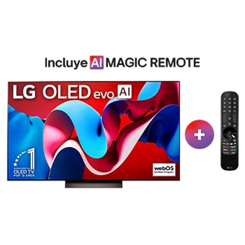 Una vista frontal del televisor LG OLED evo C4 OLED77C4PSA, con el "emblema de 11 a?os como la marca número 1 del mundo en OLED" mostrado en la pantalla.