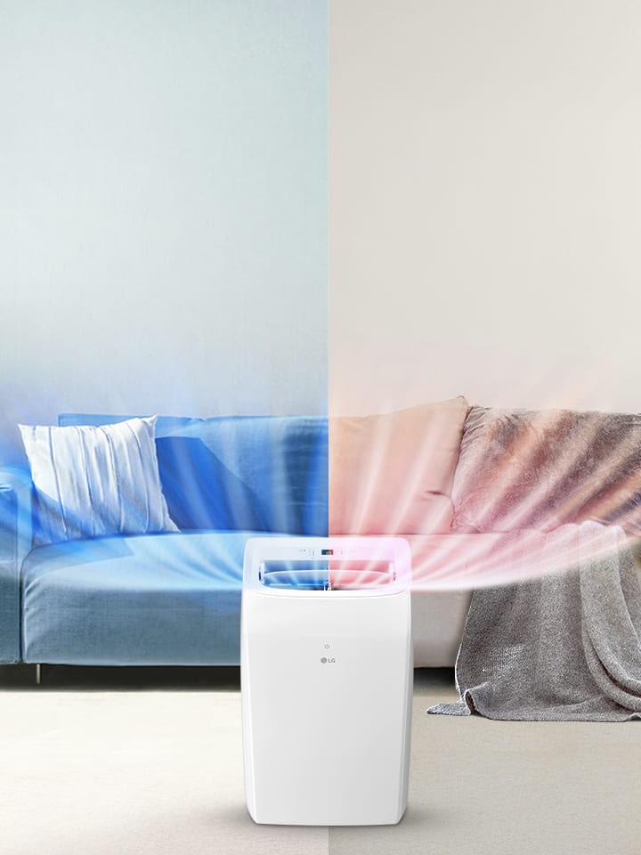 Aire acondicionado portátil LG enfriando una sala de estar con un sofá y una planta, mostrando un enfriamiento potente y avanzado.