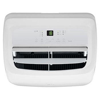 Close-up of a portable air conditioner's control panel with power on