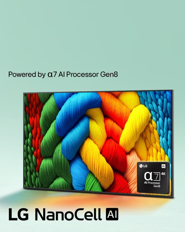 LG NanoCell TV se encuentra ligeramente inclinada hacia la izquierda y muestra hilos de colores. El logotipo del procesador alpha?7 4K AI aparece integrado en la esquina inferior derecha de la televisión. El fondo es un degradado verde azulado claro. 