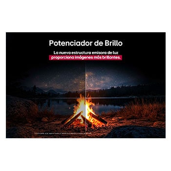 Campfire at night in the middle of nature. In the distance is a forest and lake. The evening sky is filled with stars. The whole scene is split in half. One side is darker and duller. The other half is remarkably brighter, showcasing the impressive brilliance from Brightness Booster. 