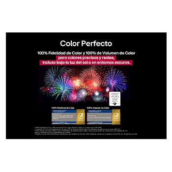 Dazzling and vibrantly colorful fireworks are on a TV screen. This demonstrates 100% Color Fidelity which shows accurate colors even in sunlight.  Logo certification is visible, Perfect Color Technology delivers color consistency levels greater than 99% up to 500 lux. Intertek certifications that show independent testing are also beside it.