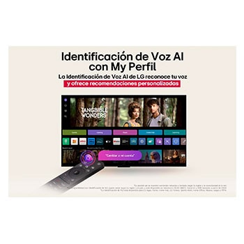 On an LG OLED TV screen is the webOS 25 home page filled with apps and entertainment content. By the TV is the LG AI Magic Remote, the AI button is highlighted as if activated by the user's voice. A speech bubble is beside it, switching to my account. The short text explains how users can now synchronize their voice to their personal profile for easier navigation and personalized recommendations.