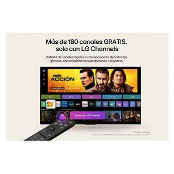 LG AI Magic Remote in the foreground. The AI button icon is highlighted. In the background is the LG webOS UI. The mouse cursor implies that the remote is in use. Text explains how the remote's functions and controls make navigating webOS easy. 