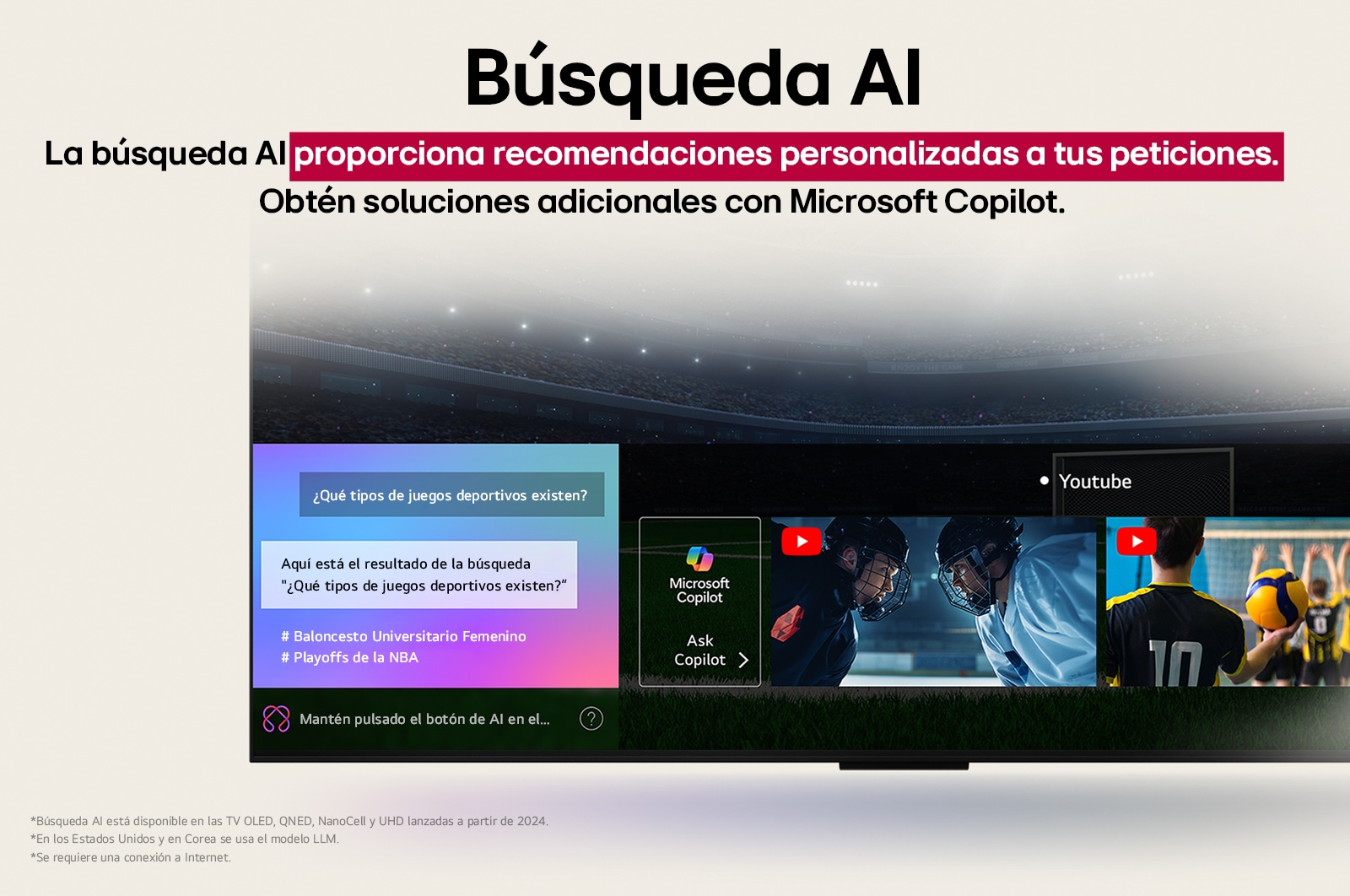 Primer plano de la pantalla de una LG OLED TV en la que se muestra cómo funciona AI Search. Hay una peque?a ventana de chat abierta que muestra cómo el usuario preguntó qué eventos deportivos están disponibles. AI?Search respondió a través del chat y mostró imágenes en miniatura del contenido disponible. También hay un indicador para hacer preguntas a Microsoft Copilot. 