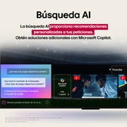 Primer plano de la pantalla de una LG OLED TV en la que se muestra cómo funciona AI Search. Hay una peque?a ventana de chat abierta que muestra cómo el usuario preguntó qué eventos deportivos están disponibles. AI?Search respondió a través del chat y mostró imágenes en miniatura del contenido disponible. También hay un indicador para hacer preguntas a Microsoft Copilot. 