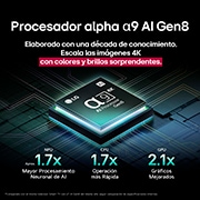 El procesador alpha?9 AI Gen8 se ilumina con diferentes tonos de azul y de él salen rayos de luz que resaltan sus circuitos. Se muestran estadísticas de rendimiento. Procesamiento neuronal de IA 1.7?veces superior, unidad de procesamiento neuronal (Neural Processing Unit, NPU). Operación 1.7?veces más rápida, unidad central de procesamiento (Central Processing Unit, CPU). Gráficos 2.1?veces mejorados, unidad de procesamiento gráfico (Graphics Processing Unit, GPU).
