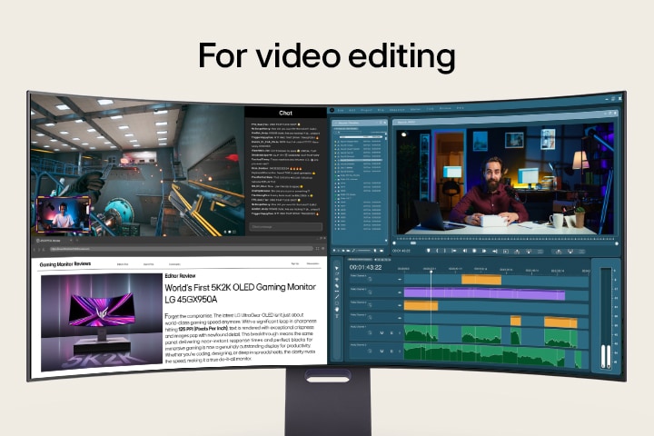 Una configuración multitarea que muestra juegos, edición de video, dise?o y videollamadas en varias aplicaciones, todo mostrado en un monitor OLED LG 5K2K.