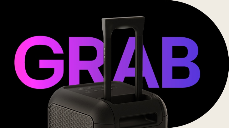 Primer plano de un mango telescópico. Detrás se puede leer la palabra "GRAB" (agarrar) con fines de dise?o.