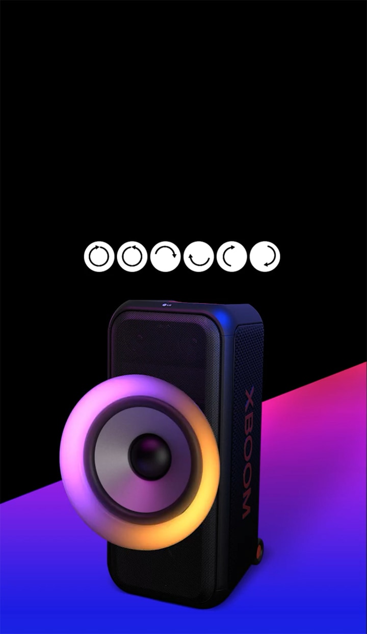 El texto se coloca en el área de color negro y se muestra el pictograma de los movimientos del anillo de iluminación multicolor: en el sentido de las agujas del reloj, en el sentido contrario a las agujas del reloj, semicírculo superior e inferior, semicírculo izquierdo y derecho y efecto de flash. El altavoz está colocado en un ángulo de 45 grados hacia la izquierda y hay un área de color violeta degradado debajo para fines de dise?o. El woofer de 6.5 pulgadas es exagerado para resaltar sus diversos colores.