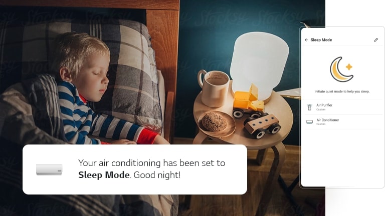 La imagen muestra un ni?o durmiendo en su cama. A su lado, hay una pantalla de la aplicación LG ThinQ que muestra la configuración del aire acondicionado en la habitación.