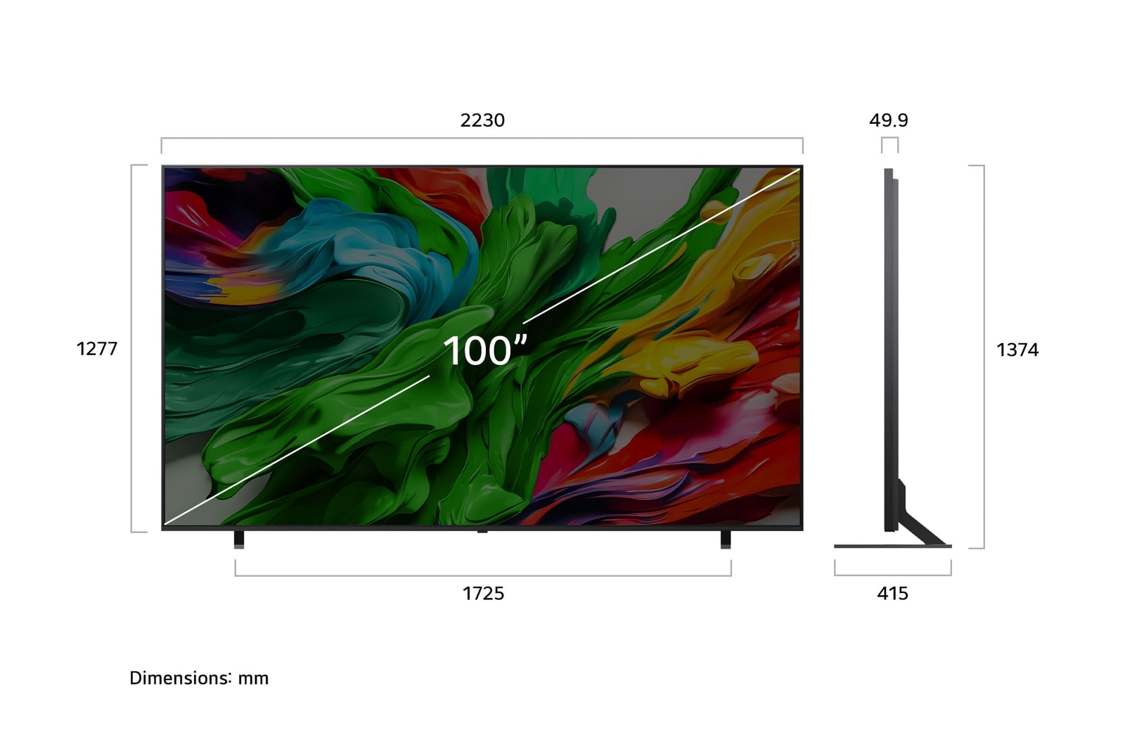 Front view and side view of LG QNED evo AI QNED85 4K Smart TV showing its length, width, height, and depth dimensions.